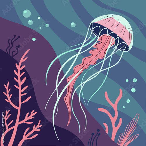 A pink jellyfish gracefully floats in the deep blue ocean with seaweed