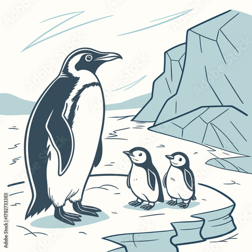 A penguin family stands on the ice near the mountains in the arctic