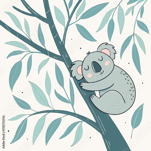 Cute koala sleeping peacefully on a eucalyptus tree