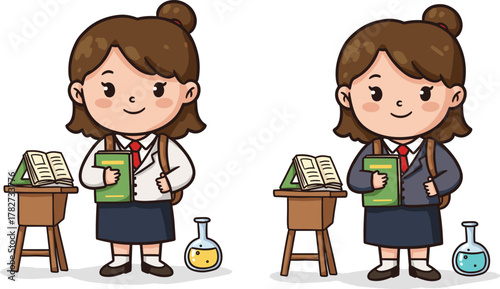 Cute cartoon schoolgirl with science books and flask, classroom study scene, education concept, student learning illustration vector design