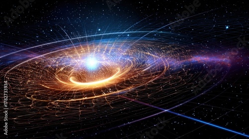 Fototapeta Naklejka Na Ścianę i Meble -  Neutron star emitting gravitational waves, warped space time lines, high energy glow, deep cosmos scene