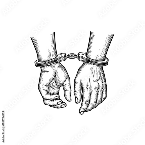 Handcuffed Hands Vector Engraving Illustration, drawn in an engraved, woodcut style with fine details sketch engraving vector illustration. Scratchboard imitation. Black and white image. flat vector