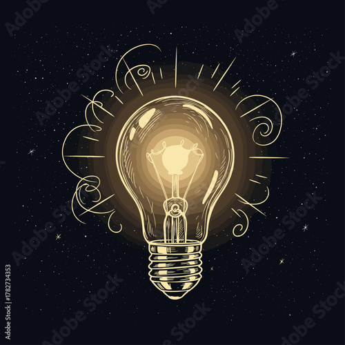 Cuadro en lienzo Illuminating Lightbulb Engraving Illustration, drawn in an engraved, woodcut style with fine details sketch engraving vector illustration