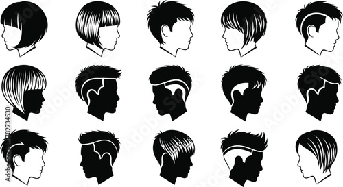 Collection of diverse male hairstyles in black and white profile silhouette illustrations