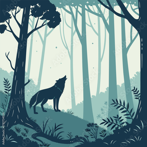Wolf silhouette in moonlit forest illustration