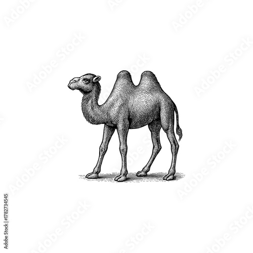 Camel Engraving Illustration, drawn in an engraved, woodcut style with fine details sketch engraving vector illustration. Scratchboard imitation. Black and white image. flat vector