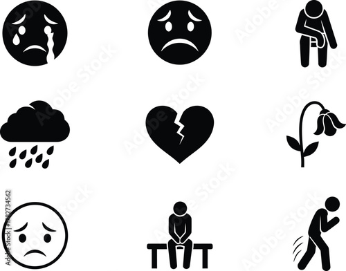 Collection of black and white icons representing sadness loneliness and depression