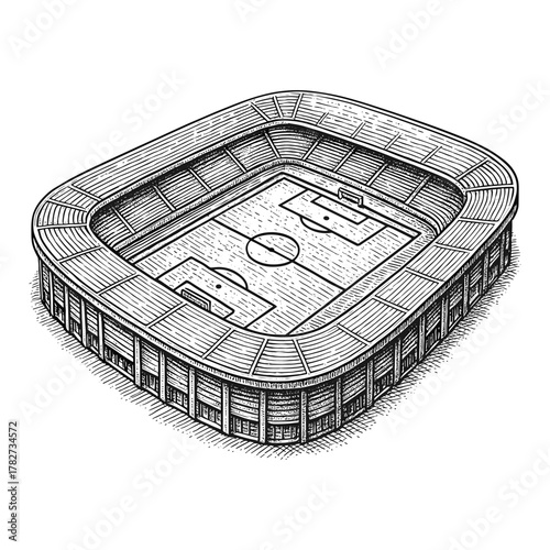 Football stadium engraved woodcut style with fine details sketch engraving vector illustration. Scratchboard imitation. Black and white image. flat vector [Converted]
