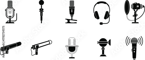 Collection of diverse microphone icons representing audio recording and broadcasting technology