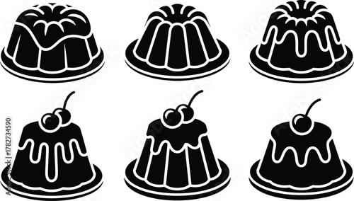 gelatin, pudding, bundt, cake, dessert, sweet, cherry, topping, sauce, dripping, fluted, mold, food, icon, illustration, vector, design, cartoon, symbol, bakery