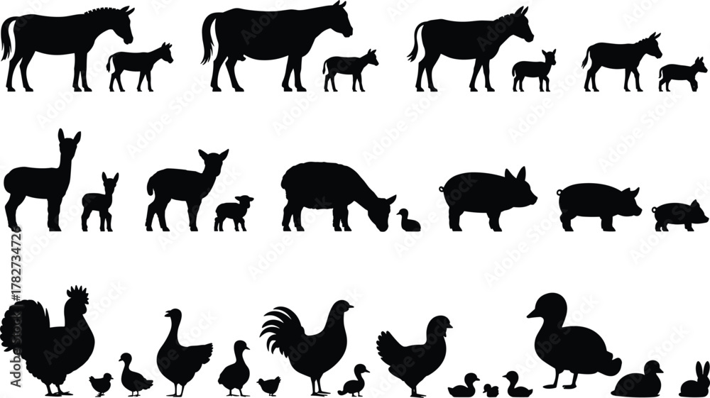 Naklejka premium Farm animals silhouettes, baby animals vector, livestock icons, poultry illustration, rural life drawing, educational farm chart, cad drawing flat vector illustration