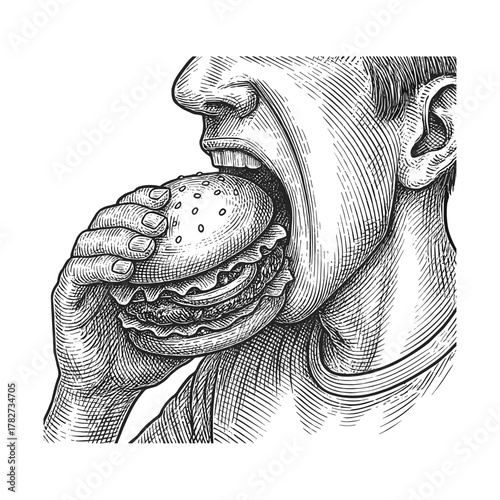 A man biting into his burger, Burger engraving illustration. Scratchboard imitation. Black and white image. flat vector
