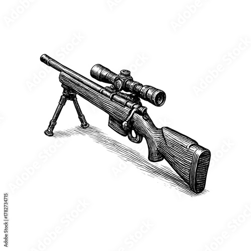 A Sniper rifle with scope engraving illustration. Scratchboard imitation. Black and white image. flat vector
