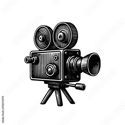 A video recording camera, Vintage video camera engraving illustration. Scratch board imitation. Black and white image. flat vector