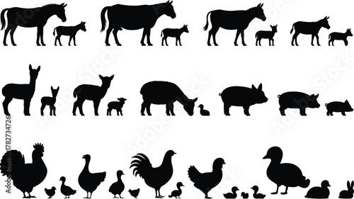 Farm animals silhouettes, baby animals vector, livestock icons, poultry illustration, rural life drawing, educational farm chart, cad drawing flat vector illustration