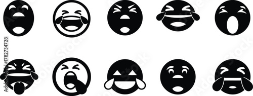 Set of ten black and white cartoon emoji faces expressing various emotions