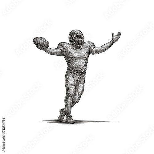 American football player celebrating engraving illustration. Scratchboard imitation. Black and white image. flat vector