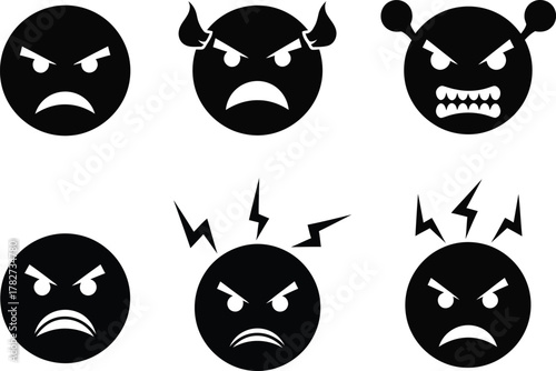 Collection of six black silhouette angry emoticons expressing various levels of rage and frustration
