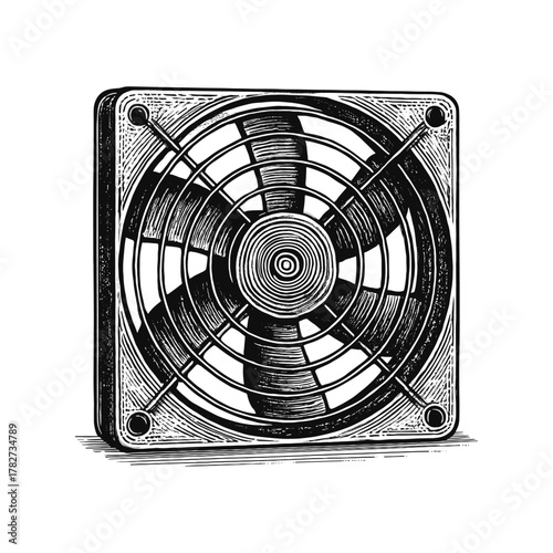 Desktop cooling fan, cpu casing fan engraving Illustration, drawn in an engraved, sketch engraving vector illustration. Scratchboard imitation. Black and white image. flat vector
