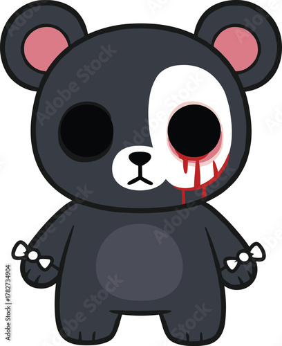 Creepy cartoon bear character, horror toy mascot, bleeding eye design, eerie cute illustration, dark spooky artwork, bone holding figure concept