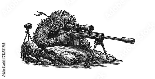 A ghillie suited soldier targeting through sniper engraving illustration. Scratchboard imitation. Black and white image. flat vector