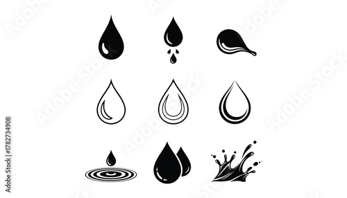 Collection of water drop icons and splashes