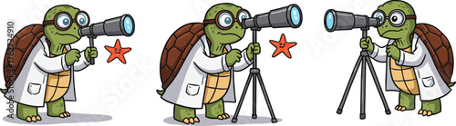 Cute cartoon turtle scientist using telescope with happy starfish, adorable intelligent animal explorer illustration, science discovery concept, education background