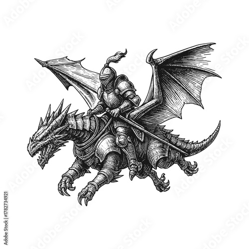 A knight riding on an armored dragon engraving illustration. Scratchboard imitation. Black and white image. flat vector