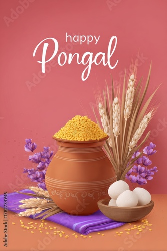 Celebrate Pongal With Traditional Elements Including Grains, Pottery, and Whe...