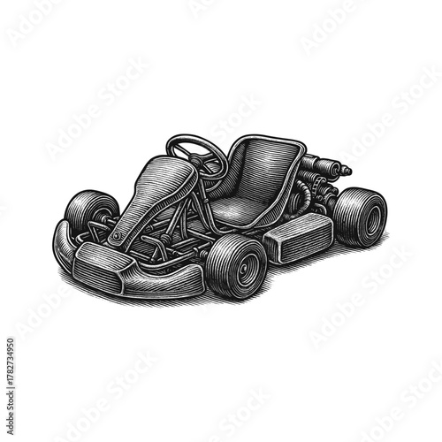 A go kart. Hand drawn woodcut engraved sketch illustration