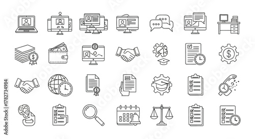 Set of business and office icons in doodle style collection of various elements for web design vector illustration