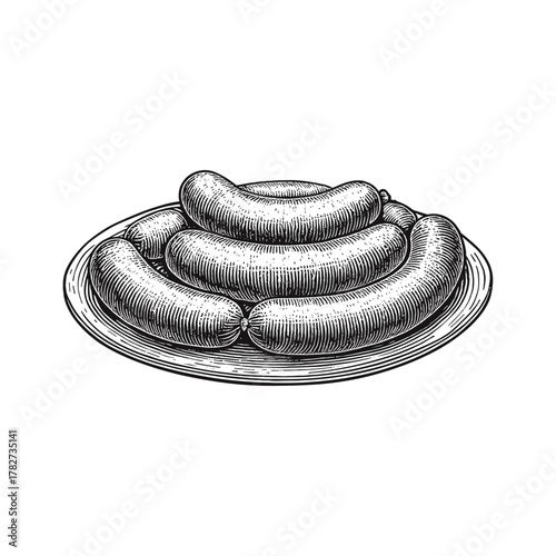 Plate of sausage engraving illustration. Scratchboard imitation. Black and white image. flat vector