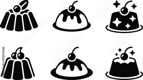 pudding, gelatin, dessert, sweet, cherry, topping, sauce, dripping, shiny, sparkles, food, icon, illustration, vector, design, cartoon, symbol, bakery, treat