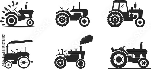 Vintage retro tractor silhouette icons set showing different classic agriculture farming machinery and old farm vehicle collection isolated vector illustration on white background