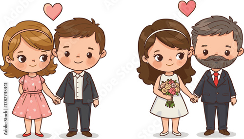 Cute cartoon wedding couple illustration, romantic love, marriage ceremony, bride and groom holding hands, adorable relationship art drawing