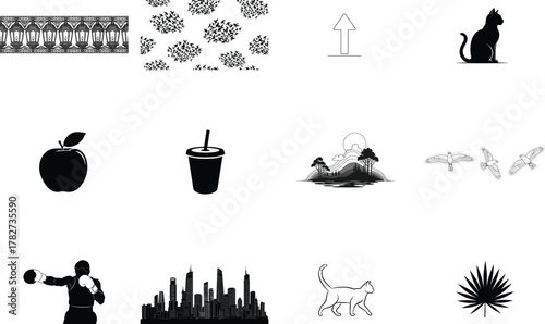 Black silhouettes of nature objects and animals white