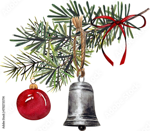 Watercolor Christmas Pine Branch with Ornaments