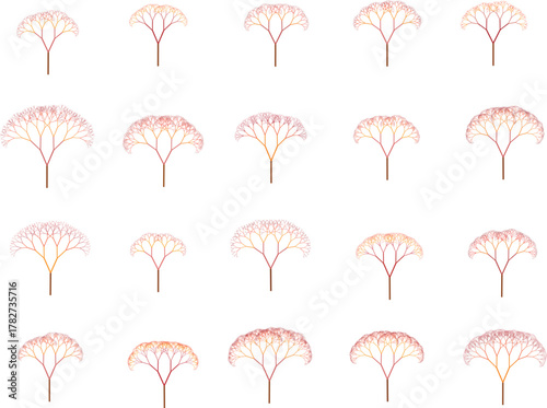 Fifteen fractal trees in red orange and yellow hues on trees set white background pattern organic
