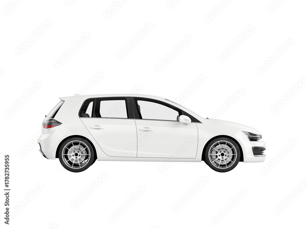 Fototapeta premium White modern hatchback car side view isolated on transparent background1