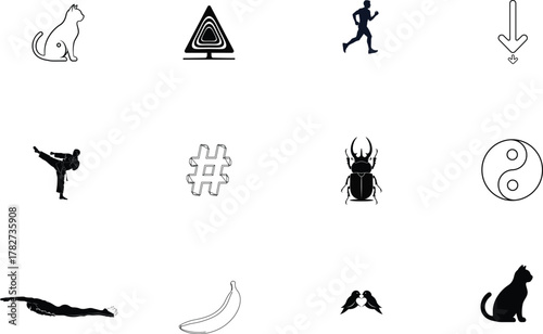 Cat runner beetle banana birds yin yang karate sitting