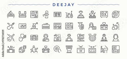 Dj line icon set. Collection of simple line web icons. Contains related to sound, audio, instrument, music, melody. Editable vector illustration. Media icon set.