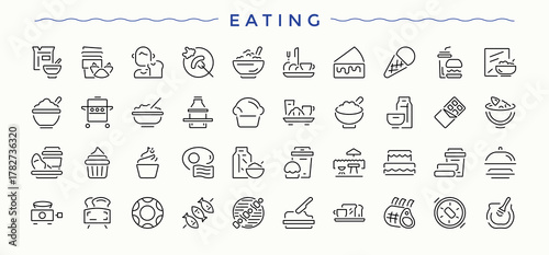 Fast Food icon set in linear style. UI icons set in a thin style. Pack of beverage, snack, bakery, restaurant, street food. Editable vector art. Street Food icon set.