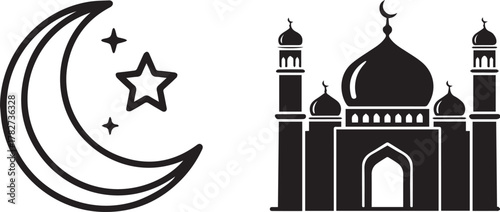 Islamic religious symbols icon set featuring a crescent moon with stars and a mosque silhouette, representing faith and worship. Vector