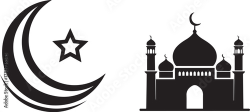 Islamic crescent moon and star symbol with a mosque silhouette, representing muslim faith, prayer, and culture on white Vector