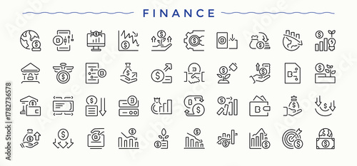 Set of Finance line icon. Includes thin line symbols credit, bank, banking, financial, budget and more. Vector outline icons collection. Financial icon set. Pixel perfect. Editable vector.