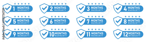 Blue warranty badge set. Warranty badge collection from 1 to 12 months. Includes shield, checkmark, and star icons for product. Vector illustration.