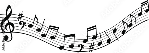 Curved musical staff with treble clef, flowing notes, sharps and rests, abstract melody line, creative music notation, vector art illustration