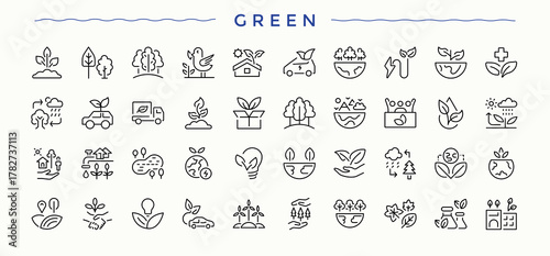 Green line icon set. Minimalist icons collection. Leaf linear icon collection. Contains such icons as vegetables, organic, vegetable, vegetarian, fresh, leaf and more.