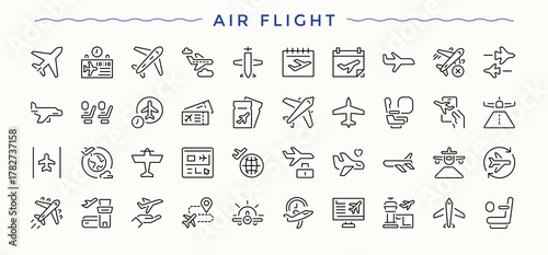 Flight line icon set. Vector icons collection. Pixel perfect. Vector illustration. Aviation icon set. Contains outline symbols like plane, airline, airplane, air, landing, transport and more.