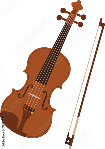 violin, bow, string, instrument, music, orchestra, classical, wooden, body, strings, pegs, chin, rest, f‑holes, bridge, tailpiece, illustration, vector, design, art